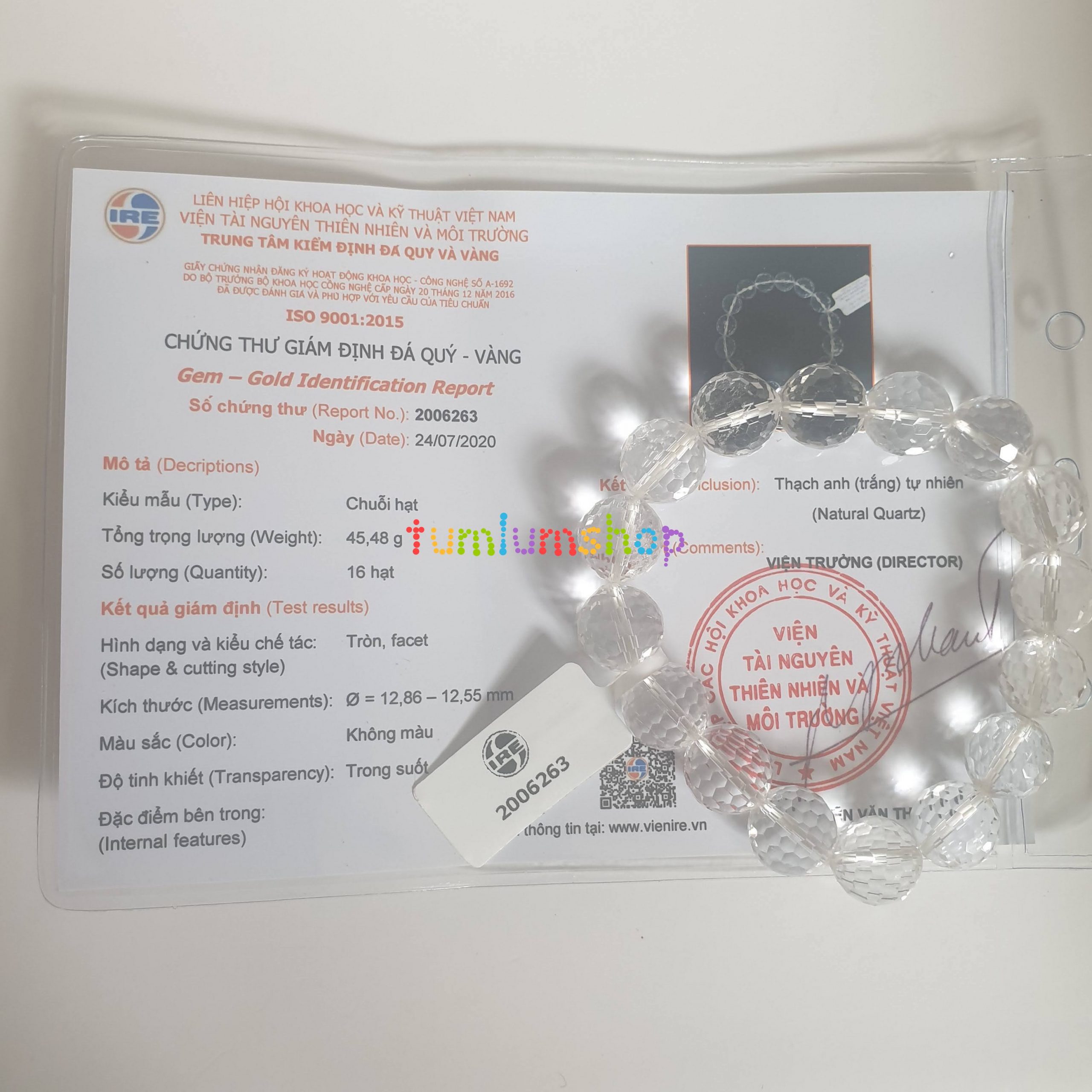 Giấy kiểm định Vòng đeo tay nam Thạch Anh trắng - Đá tự nhiên 100% trong suốt