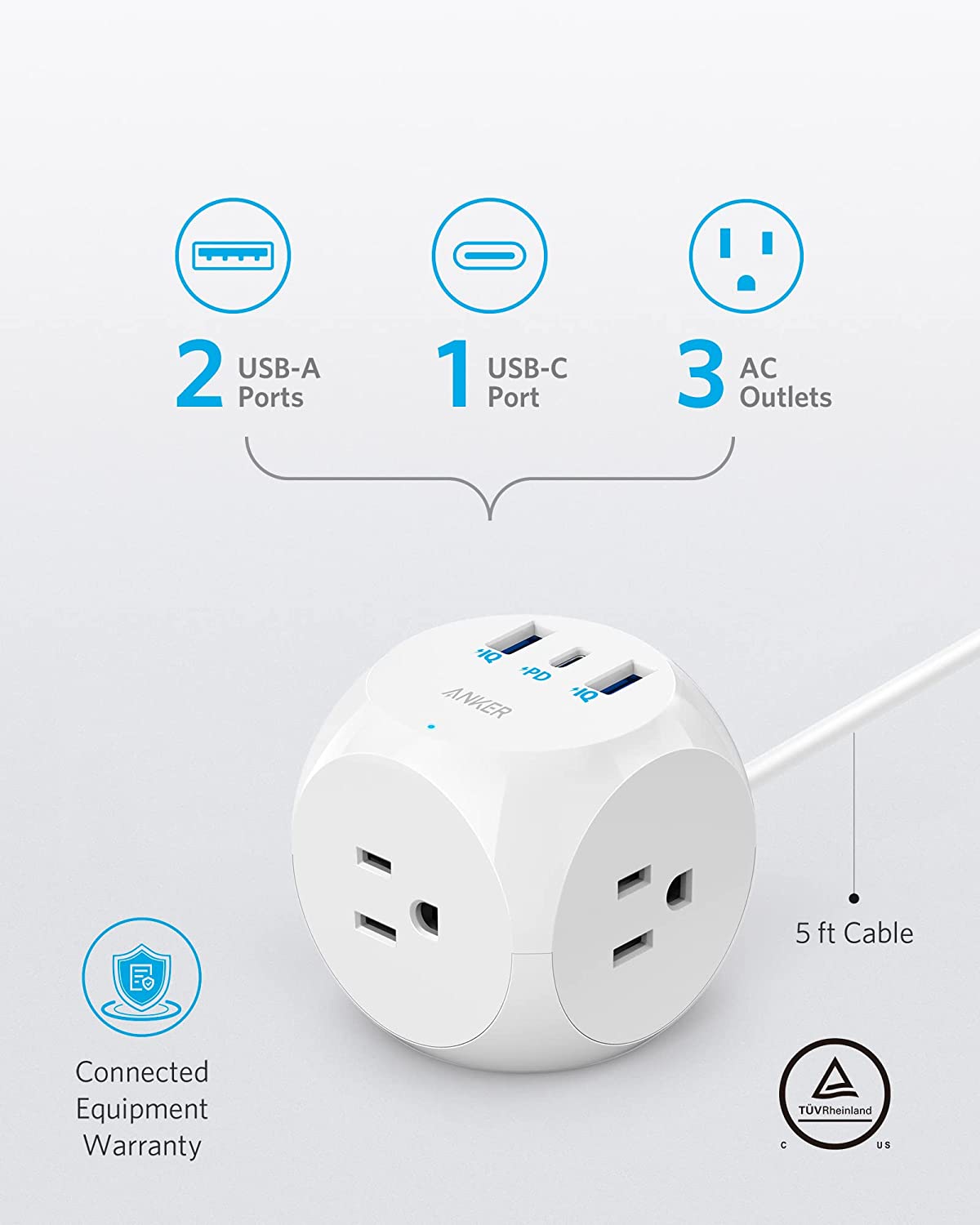 Ổ cắm điện Anker hỗ trợ 1 cổng sạc USB-C PD tới 30W 2 cổng sạc USB-A tới 18W và 3 lỗ cắm điện