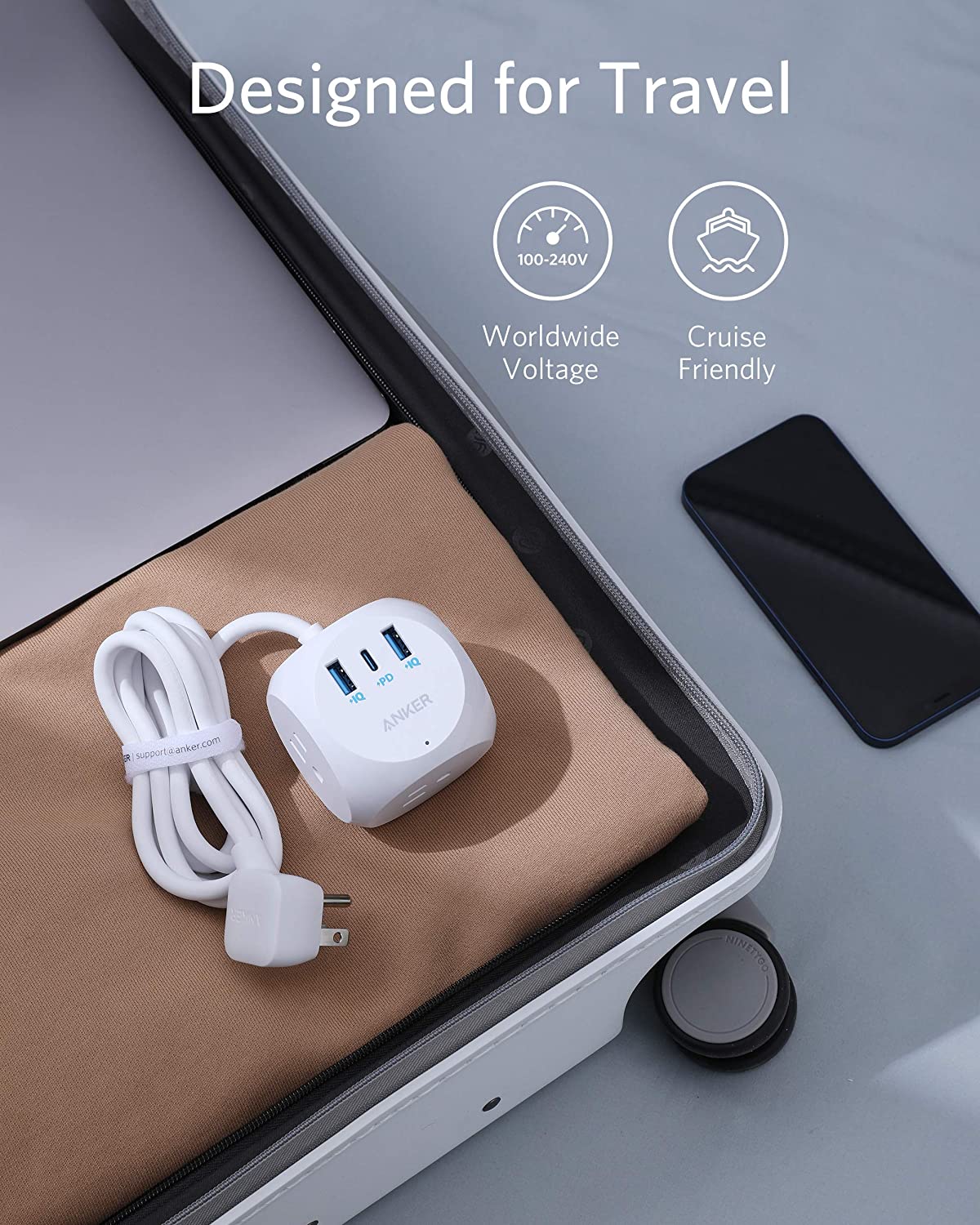 Ổ cắm điện Anker hỗ trợ 1 cổng sạc USB-C PD tới 30W 2 cổng sạc USB-A tới 18W và 3 lỗ cắm điện